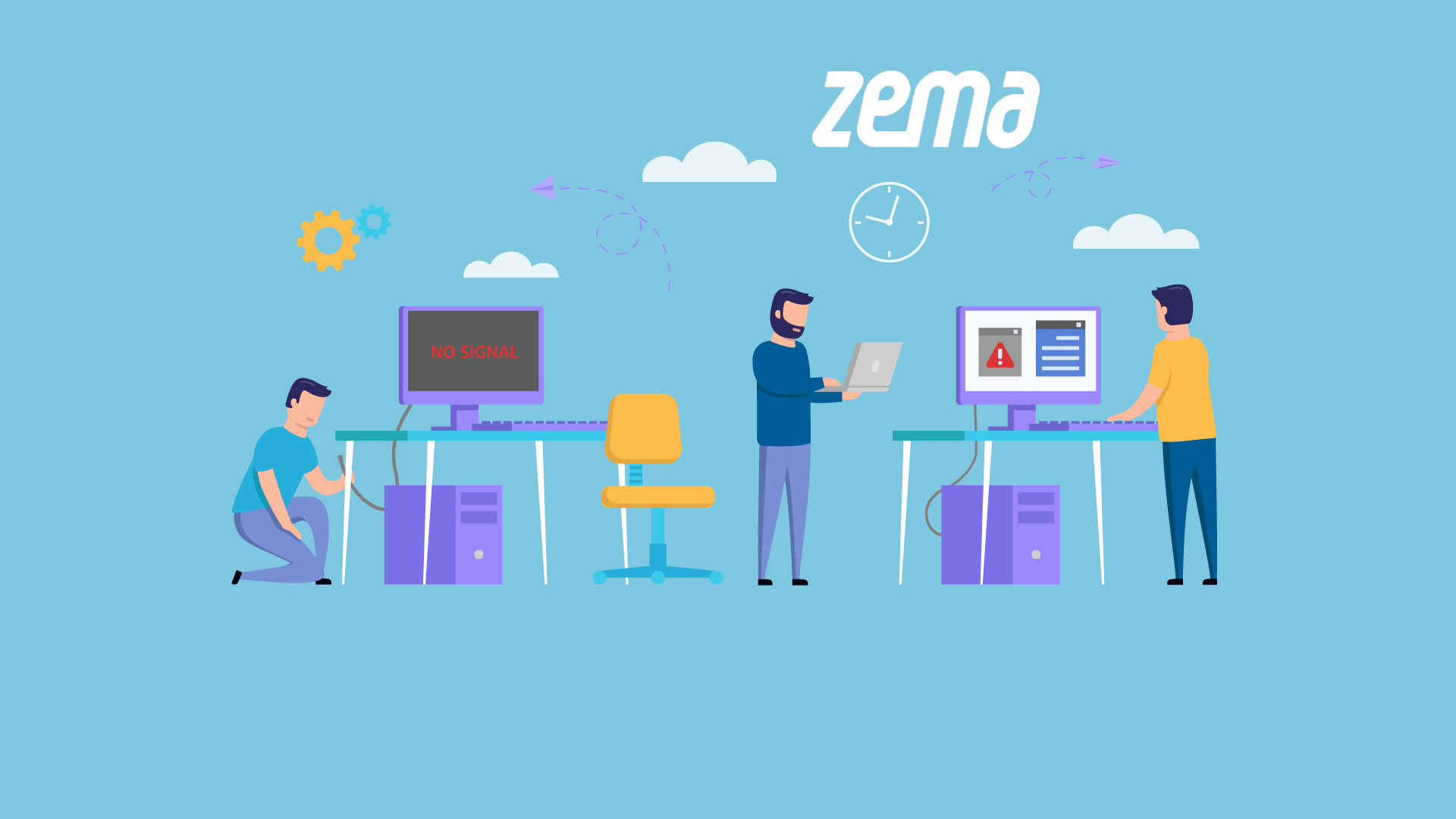 Técnicos de ZEMA IT trabajando en los equipos de una oficina